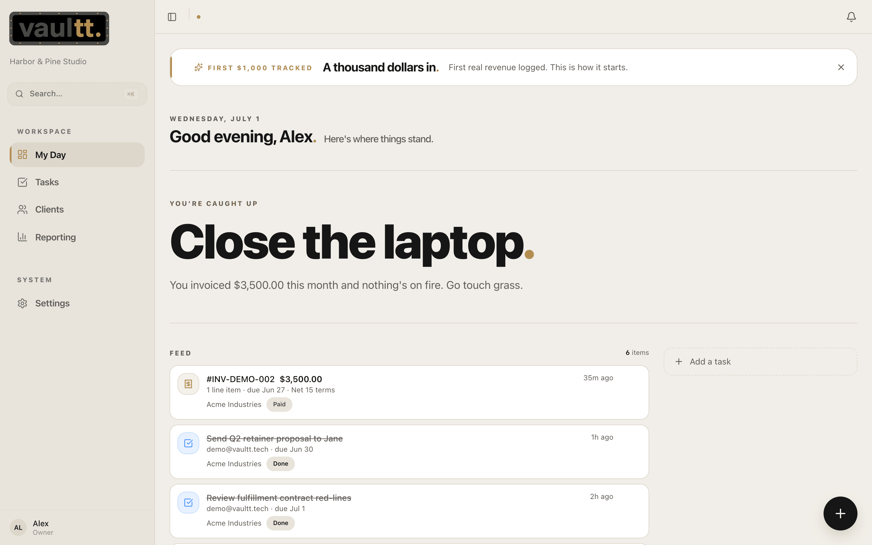 Vaultt — one calm screen with today’s tasks, progress, and client activity